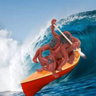 Three toy Orangutans in a canoe using an Orangutan Trading Co spore swab to paddle a wave