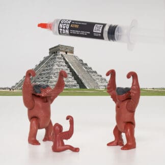 Orangutan Trading Co spore syringe with three toy orangutans playing with it, white background