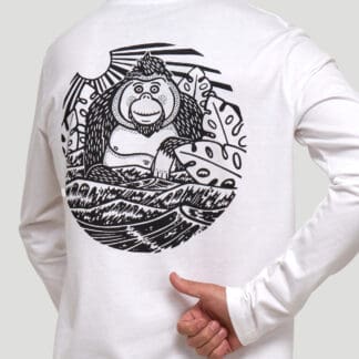Back view of Orangutan Trading Co white long-sleeved tshirt with cartoon Orangutan image