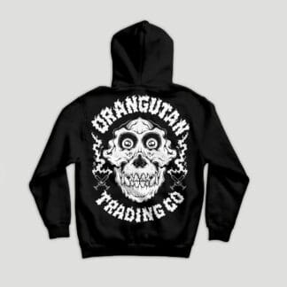 Back side of the black Orangutan Trading Co hoody, large Orangutan Skull logo