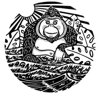 Pen drawing of cartoon orangutan with some leaves, waves, and the sun